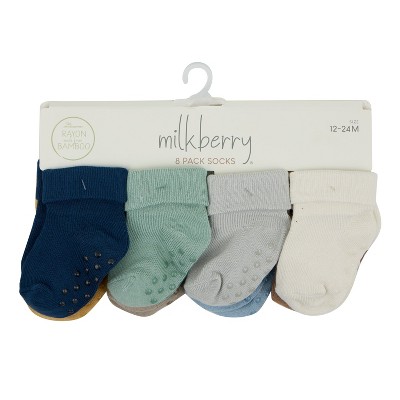 Image of Milkberry 8 Pack Rayon of Bamboo Baby Socks Non-Slip Gripper Baby Boy Solid Coastal Breeze Size 12-24 Months