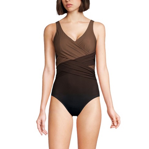 Lands' End Women's SlenderSuit Tummy Control Chlorine Resistant Wrap One  Piece Swimsuit - 8 - Rich Coffee/Black Ombre