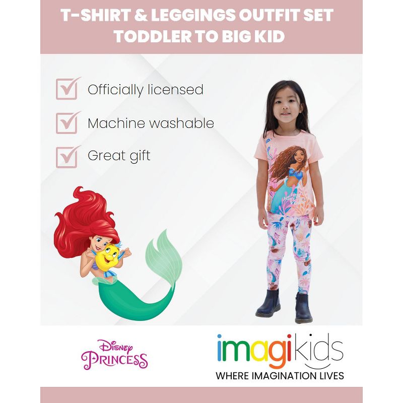Disney Frozen Princess Moana Little Mermaid Floral Girls T-Shirt and Leggings Outfit Set Toddler to Big Kid, 3 of 8