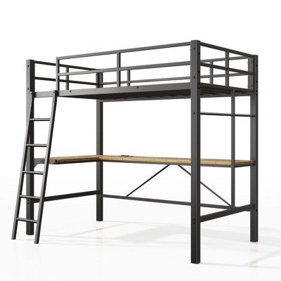 Bellemave Twin Metal Loft Bed with L-Shaped Desk, Charging Station Loft Bed Frame Twin Size, Safety Guard & Ladder, No Box Spring Needed, Black