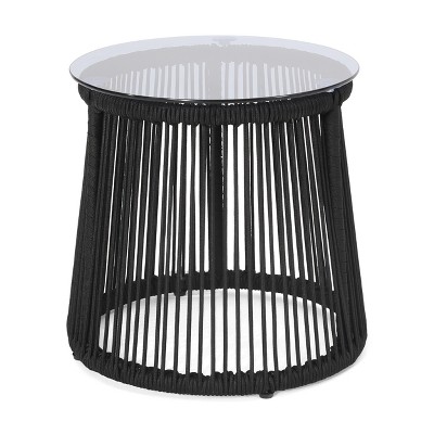 GDFStudio Outdoor Rope Weave and Tempered Glass Side Table, Black