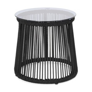 GDFStudio Outdoor Rope Weave and Tempered Glass Side Table, Black - 1 of 4