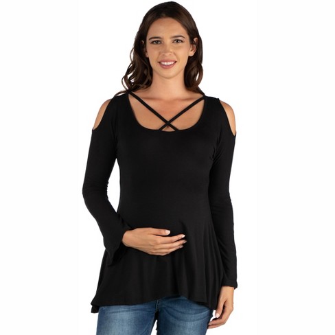 24seven Comfort Apparel Womens Long Sleeve Maternity Criss Cross Cold Shoulder Top black l Target