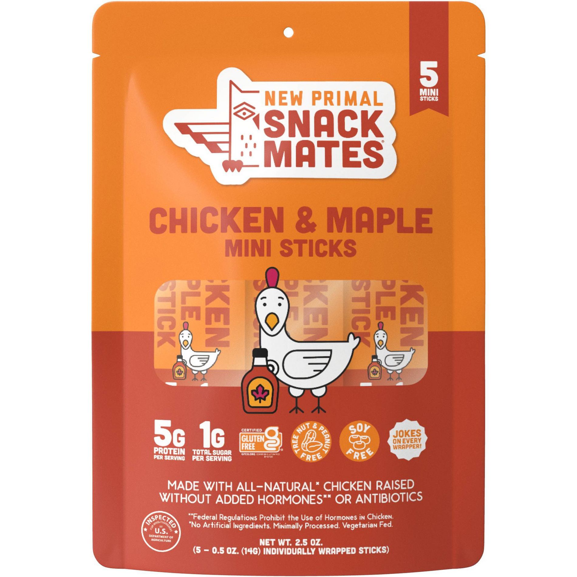 The New Primal Snack Mates Chicken & Maple Mini Meat Sticks - 2.5oz/5ct: Certified Gluten-Free, 5g Protein
