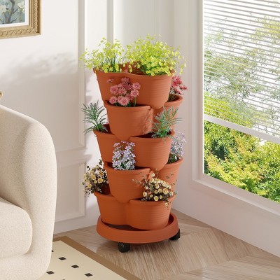 VECELO 5-Tier Vertical Garden Planter, Self Watering Stackable Planter with Wheels for Strawberries, Flowers, Vegetables, Set of 1/2