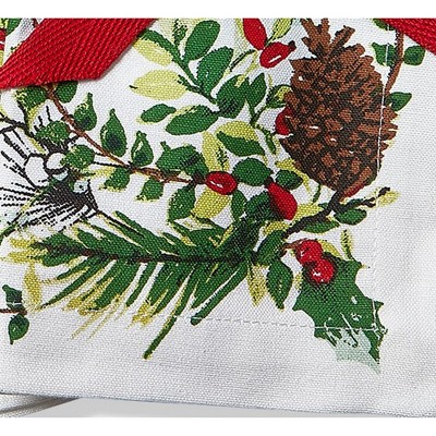 Winter Sprig White Cotton Tablecloth with Pinecone and Holly, 84"L x 60"W