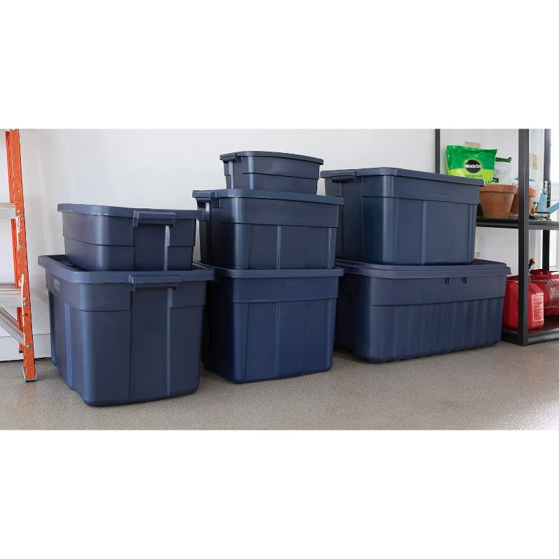 Rubbermaid Roughneck Heavy Duty 10 Gallon Plastic Bin Rugged Home Storage Organizer Totes with Lids, Dark Indigo Metallic (12 Pack), 5 of 7
