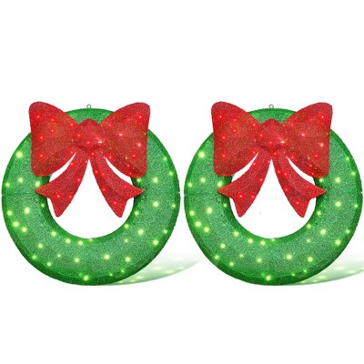 Hooseng Pre-Lit Christmas Lighted Wreath Display Decor, 35" Xmas Wreath with Bow and 90 LED Lights, Holiday Festival Vacation Decoration