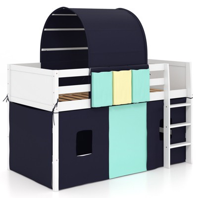 Tangkula Twin Size Loft Bed Playhouse Bed Frame with Tower Tent 3 Storage Pockets Solid Wood Ladder Turquoise /Navy