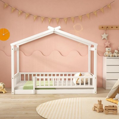 Streamdale Twin Size Wood Bed House Bed Frame with Fence, for Kids, Teens, Girls, Boys,White