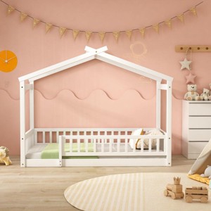 Streamdale Twin Size Wood Bed House Bed Frame with Fence, for Kids, Teens, Girls, Boys,White - 1 of 4