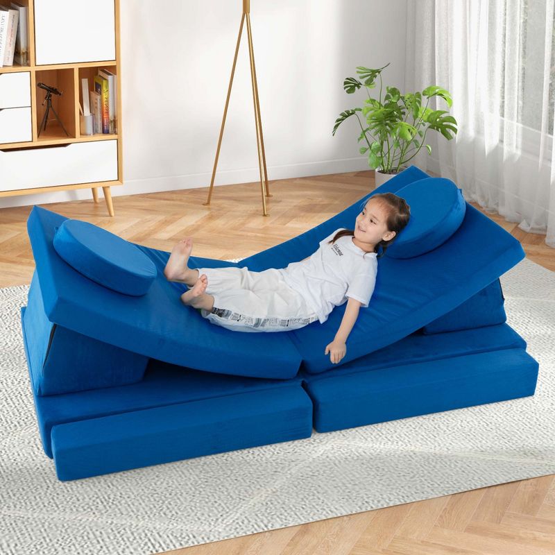 Costway 10 PCS Kids Play Sofa Set Modular Convertible Foam Folding Couch Toddler Playset Blue/Grey/Green, 4 of 11
