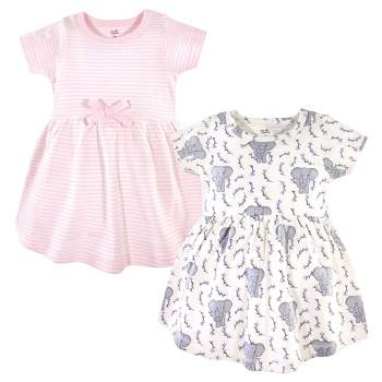 Touched by Nature Baby and Toddler Girl Organic Cotton Short-Sleeve Dresses 2pk, Pink Elephant