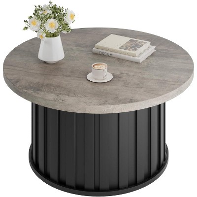 Acekool Modern Round Coffee Table, Fluted Mushroom Shape, MDF Top, Black Metal Base, 31.9", Easy Assembly