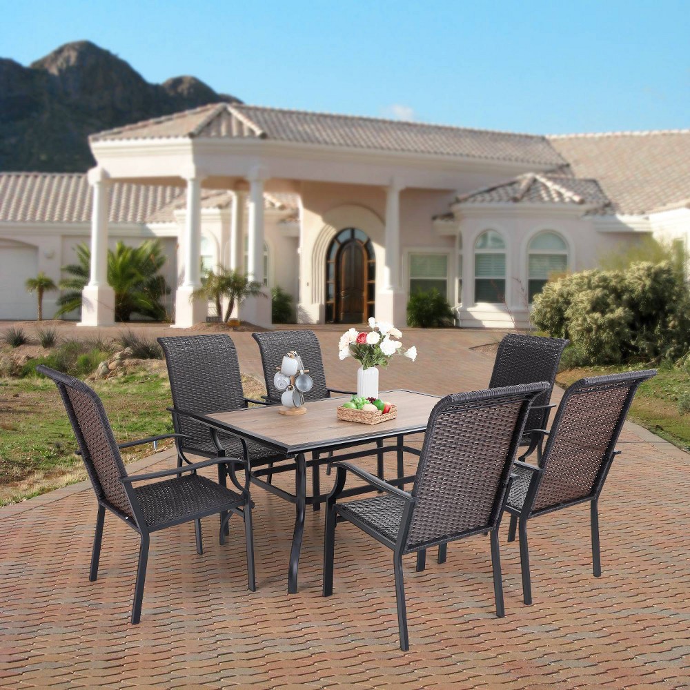 7pc Patio Dining Set with Rattan Arm Chairs & Rectangle Plastic Tabletop Table - Captiva Designs