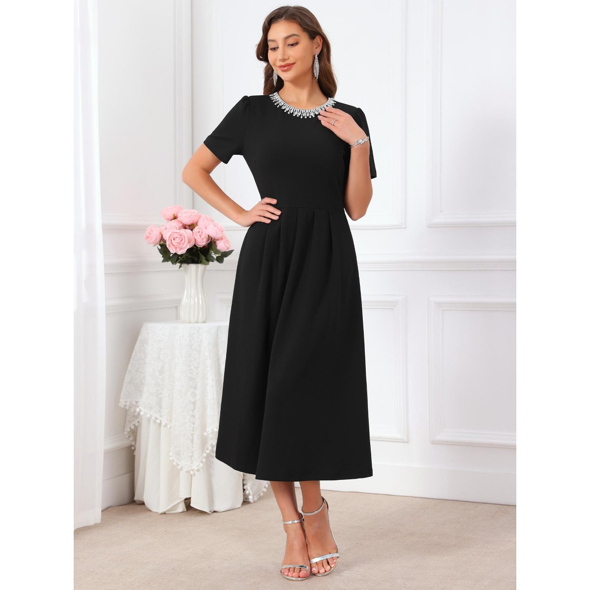 Женские платья INSPIRE CHIC Women's Evening Cocktail Beaded Rhinestones Crewneck Short Sleeve A-Line Formal Dress X-Large Black — фото 3