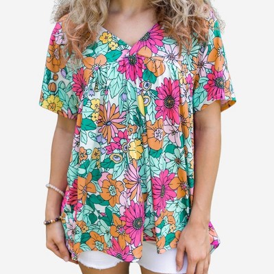 Amaryllis Women’s Floral Print V-Neck Short Sleeve Top Loose Fit Gathered Front Flowy Casual Summer Blouse