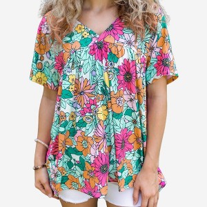 Amaryllis Women’s Floral Print V-Neck Short Sleeve Top Loose Fit Gathered Front Flowy Casual Summer Blouse - 1 of 4