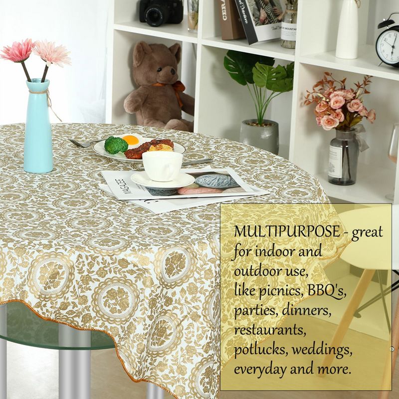 60" Dia Round Vinyl Water Oil Resistant Printed Tablecloths Golden Turntable Flower - PiccoCasa, 4 of 5