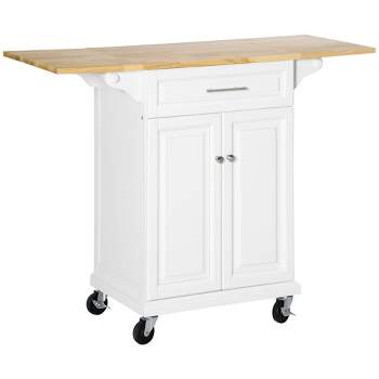 HOMCOM Kitchen Island Trolley Cart on Wheels with Drop Leaf Drawer Cabinet Towel Racks Versatile Use Natural Wood Top and White