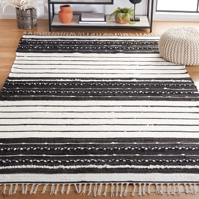Black and White Striped Wool Cotton Square Rug