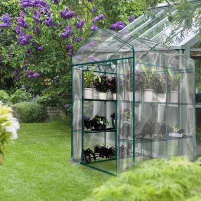 Clear PVC Walk-In Greenhouse with 8 Shelves and Steel Frame