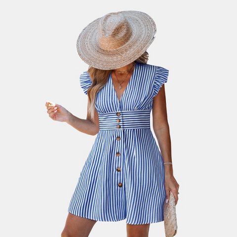Женские платья Cupshe Women's Striped Button-Down Ruffle Sleeve Shirt Dress-L-Royal blue