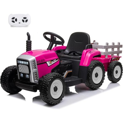 Garvee 12V Kids Electric Tractor with Trailer Remote Control 7-LED Lights MP3 Player and EVA Tires
