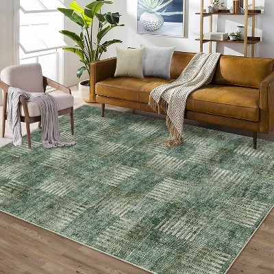 Washable Modern Abstract Plaid Rug, Low Pile Soft Non-Slip Floor Carpet for Living Room Bedroom Dining Office Nursery