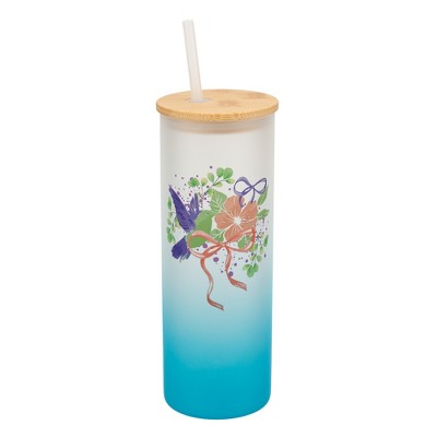 Elanze Designs 25 Ounce Frosted Glass Gradient Travel Tumbler With Straw and Wooden Lid, Hummingbird Floral Sky Blue