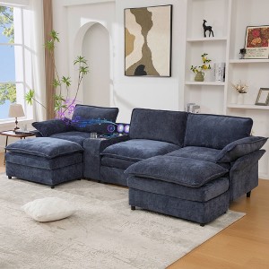 124" U-Shaped Modular Sectional Sofa with Chenille Upholstery, Storage Console, Wireless Charging, Bluetooth Speakers, Cup Holders, Movable Footstools - 1 of 4