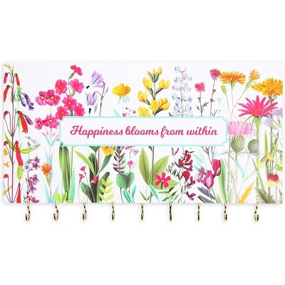 Farmlyn Creek Wall Mounted Jewelry Organizer & Hanger, Wooden Floral Hanging Display Rack Decor with 9 Hooks, 14x8x1 in