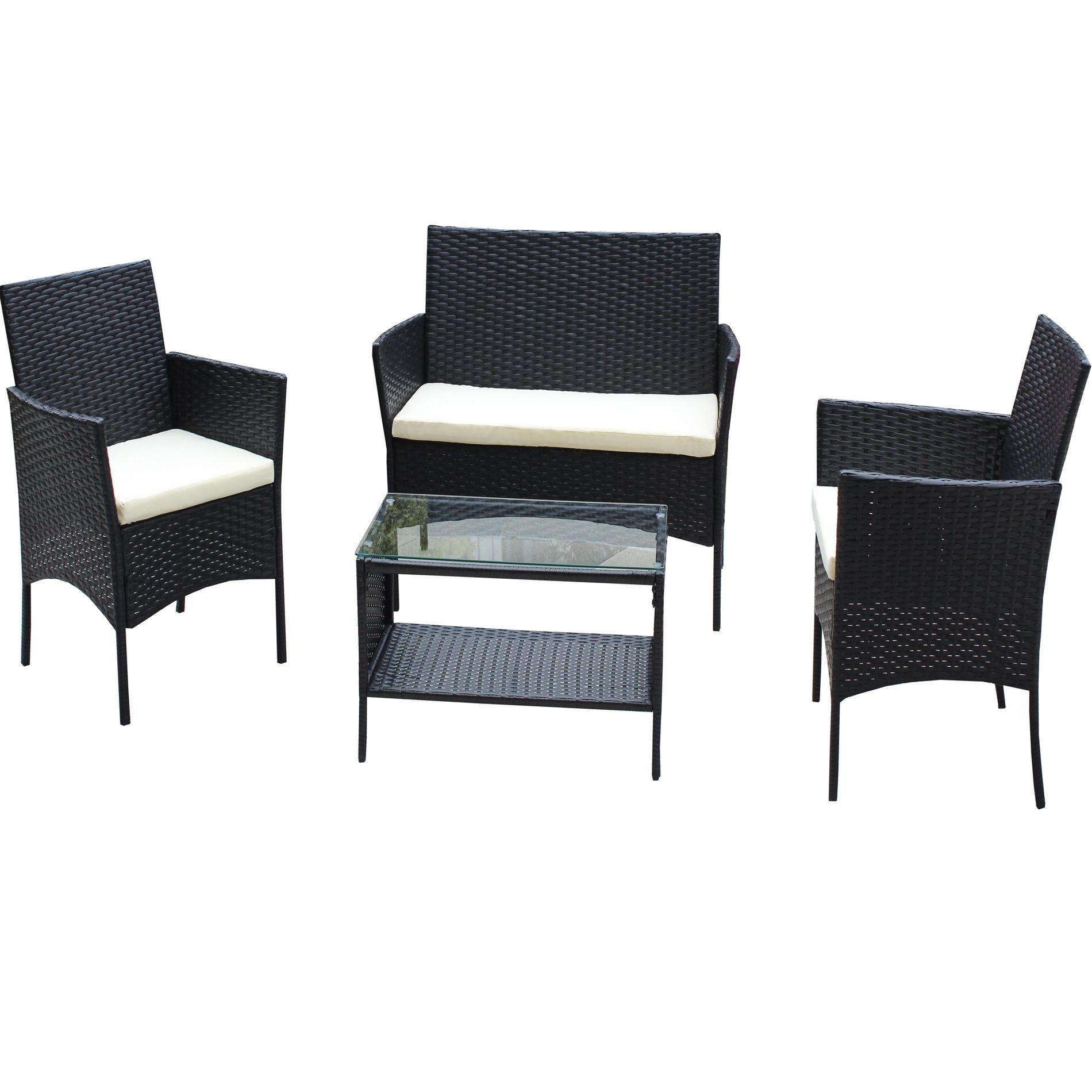 4 Piece Patio Furniture Set—Sofa, 2 Armchairs, Tempered Glass Table, 3 Cushions, Outdoor Seating for Balcony, Backyard, Garden