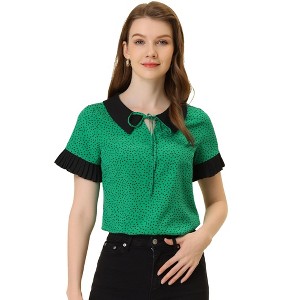 Allegra K Women's Contrast Doll Collar Polka Dots Short Sleeves Blouse - 1 of 4