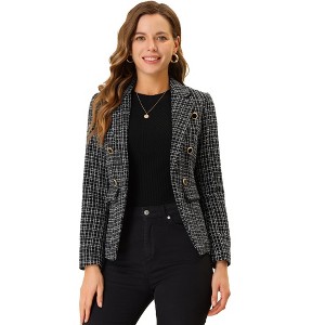 INSPIRE CHIC Women's Elegant Long Sleeve Open Front Buttons Decor Plaid Tweed Blazer - 1 of 4