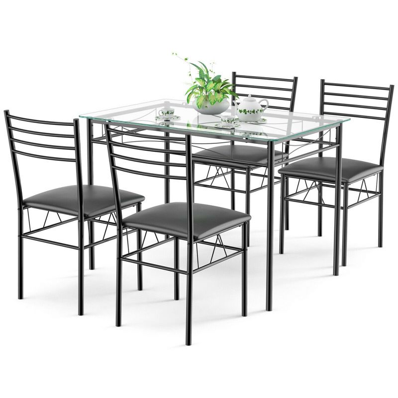 Costway 5 Piece Dining Set Glass Top Table & 4 Upholstered Chairs Kitchen Room Furniture, 2 of 10