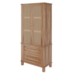 Particleboard Rattan-Woven Food Storage Cabinet - Light Walnut Finish - 1 of 2
