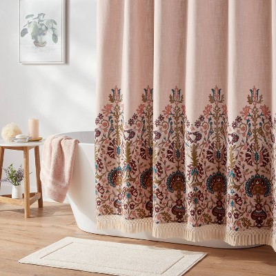 Pink Boho Floral Border Cotton-Polyester Shower Curtain
