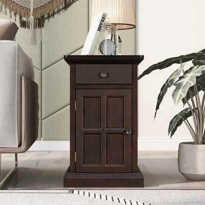 Vintage End Table with USB Ports and 1 Drawer with Cup Holders, Sofa Side Table Bedside Nightstand Narrow Table for Living Room Bedroom