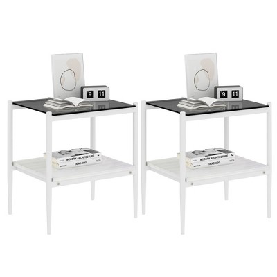 LOVMOR 2-Tier Tempered Glass End Table Set of 2, Rectangle Coffee Tabletop with MDF Layer, Modern Side Table for Living Room