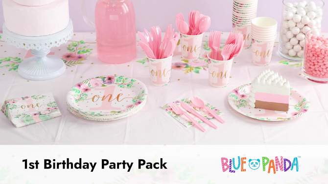 Blue Panda 145-Piece Baby Girl's 1st Birthday Party Decorations, Floral Little Miss Onederful Dinnerware with Tablecloth, Serves 24, 2 of 11, play video