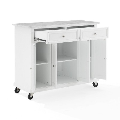 Avery Distressed White Kitchen Island Cart with Faux Marble Top