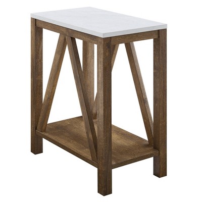 Taylen A Frame Farmhouse Open Storage Side Table White Faux Marble/Natural Walnut - Saracina Home