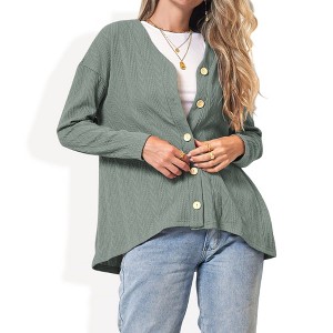 Anna-Kaci Women's Long Sleeve Button Down Knit Cardigan Top with Textured Pattern and Relaxed Fit - 1 of 3