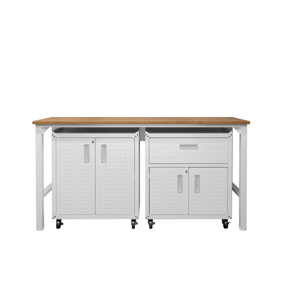 Manhattan Comfort Fortress 3pc Mobile Space Saving Garage Cabinet and Worktable Set 2.0 White