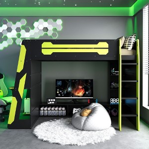 Racxily Twin Size Wood Loft Bed with Desk, Multi-storage Shelves and RGB Light - 1 of 4