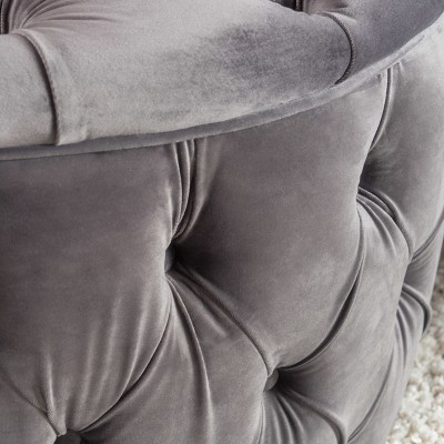 Gray Velvet Tufted Round Ottoman with Button Detailing