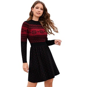 Women Long Sleeve Knitted Crewneck High Waist A-Line Cute Mini Sweater Dress Ugly Black XXL - 1 of 4