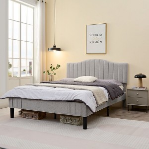 VECELO Bed Frame, Upholstered Platform Bed with Soft Teddy Fabric Adjustable Headboard, Beige/Gray - 1 of 4