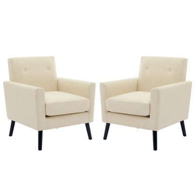 Coucheta Mid-Century Accent Chair Set of 2, Linen Upholstered Armchairs with Wood Legs & Thick Cushion - for Bedroom, Apartment, Waiting Room